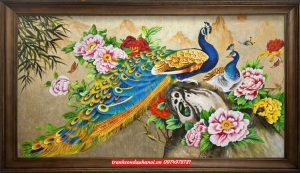 Tranh chim công đôi chim công hoa mẫu đơn SN46
