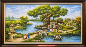 Tranh đồng quê, tranh phong cảnh đồng quê cây đa sân đình SN12